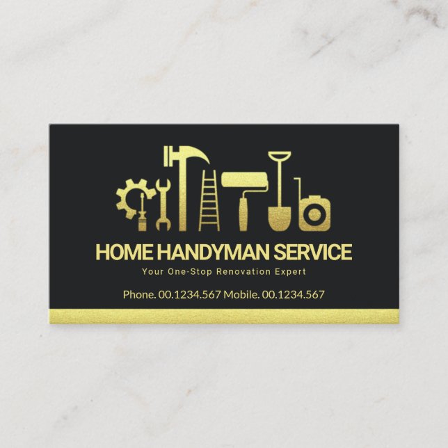 Retro Creative Gold Handyman Tools Motif Building Business Card (Front)