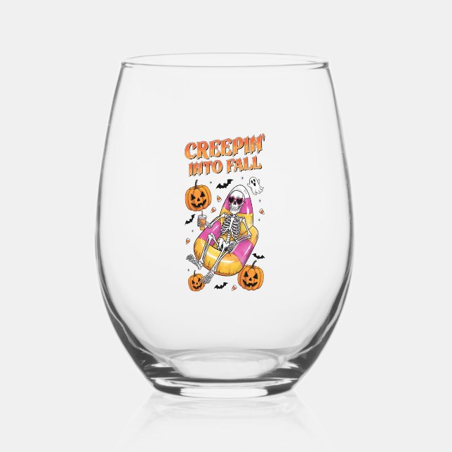 Retro Creepin into Fall Halloween Stemless Wine Glass (Front)