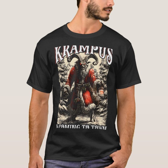 Retro Creepmas Krampus Is Coming To Town Dark Humo T-Shirt (Front)