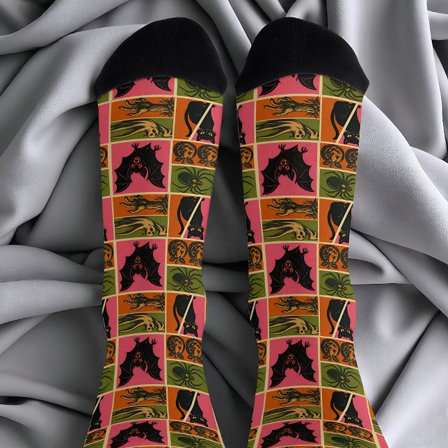 Retro Creeps Socks (Retro Halloween socks with black cats, bats, pumpkins, ghosts, spiders, and creepy hands in bold col)