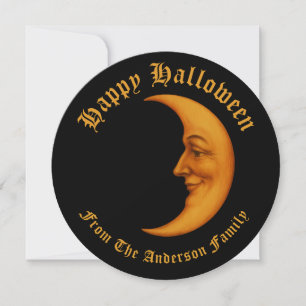 Retro Crescent Moon Face Happy Halloween Holiday Card