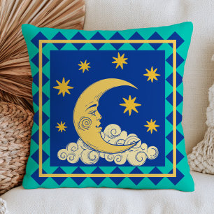 Retro Crescent Moon Face Mystical Blue Celestial Cushion