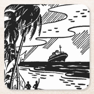 Retro Cruise Ship Square Paper Coaster