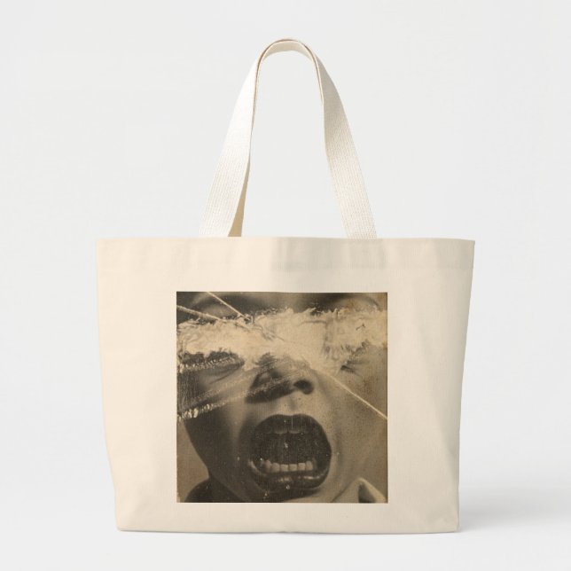 Retro crying kid face. large tote bag (Front)