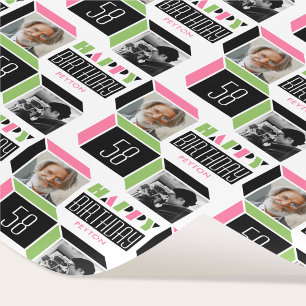 Retro Cube Birthday Custom Photo Pink Green White Wrapping Paper