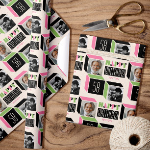 Retro Cube Modern Photo Birthday 58th Pink Green Wrapping Paper
