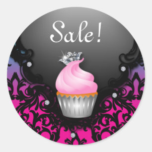 Retro Cupcake Bakery Pink Green Damask Black Classic Round Sticker