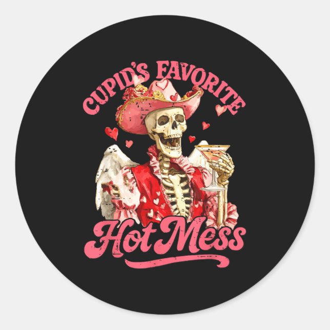 Retro Cupids Favorite Hot Mess Funny Skeleton Vale Classic Round Sticker (Front)