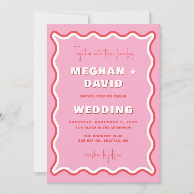 Retro Curve Squiggle Wavy Pink Red Photo Wedding Invitation (Front)