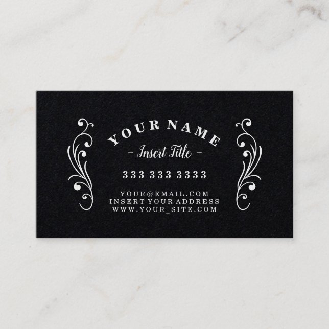 Retro Curved Text Professional Ornate Black Business Card (Front)