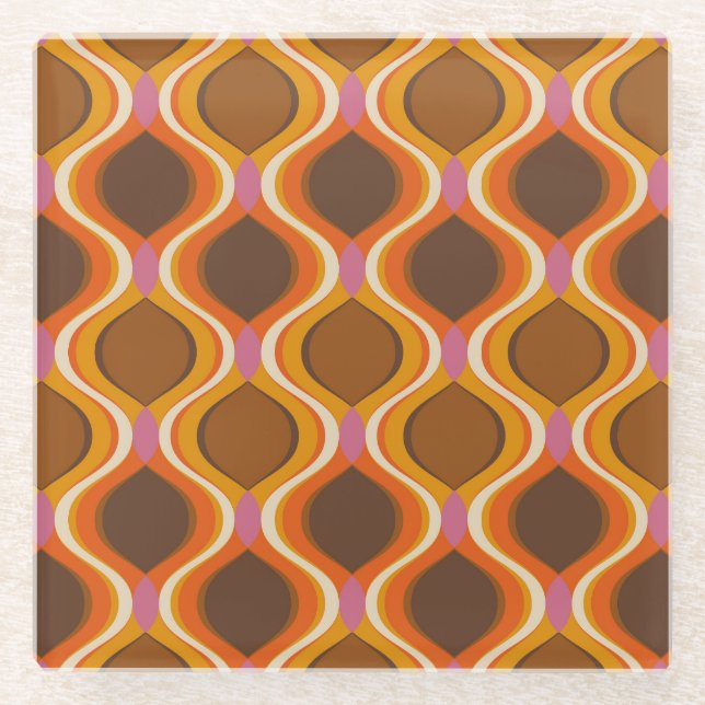 Retro Curves: 60s-70s Wallpaper Texture. Glass Coaster (Front)