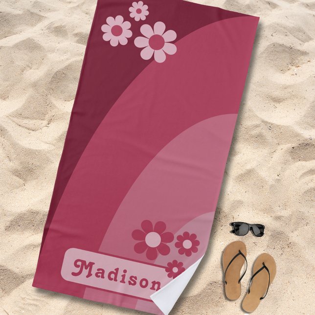 Retro Curves Groovy Floral Name Pink Beach Towel (Retro curves groovy floral custom name pink beach towel)