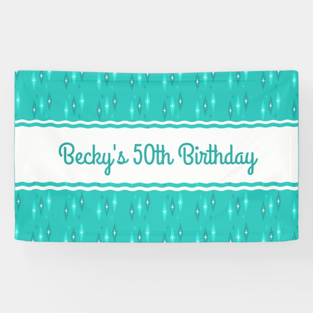 Retro Custom Birthday Party Turquoise Banner (Horizontal)