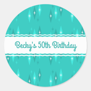 Retro Custom Birthday Party Turquoise Classic Round Sticker