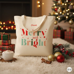 Retro Custom Colors Christmas Merry and Bright Tote Bag