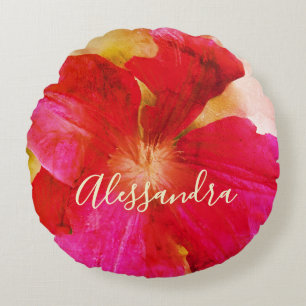 Retro Custom Floral Watercolor Chic Red Wildflower Round Cushion