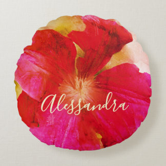 Retro Custom Floral Watercolor Chic Red Wildflower Round Cushion