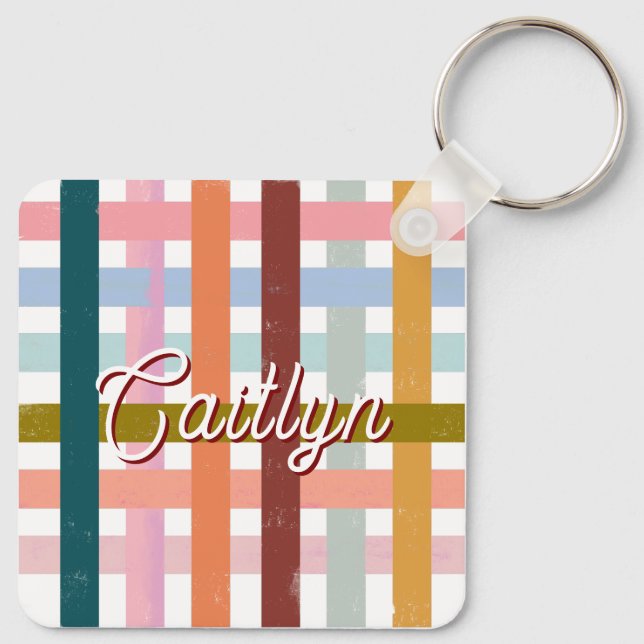 Retro CUSTOM Name Woven Roller Stripes Key Ring (Back)