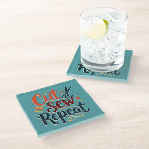 Retro "Cut Sew Repeat" Sewing Lover Design Glass Coaster