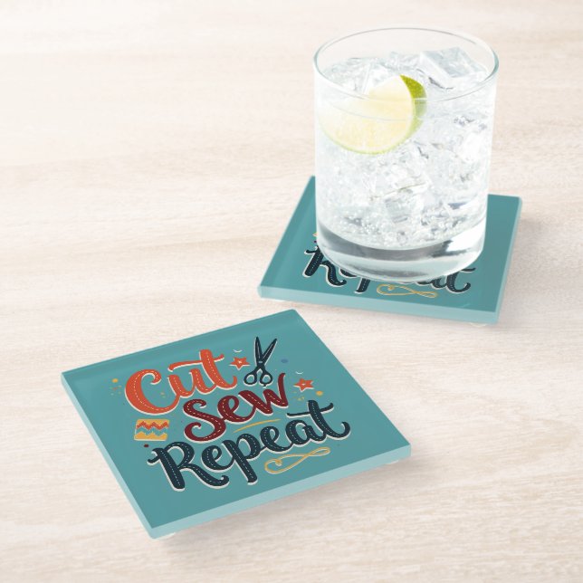 Retro "Cut Sew Repeat" Sewing Lover Design Glass Coaster (Angled)
