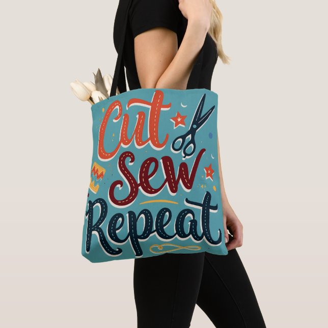Retro "Cut Sew Repeat" Sewing Lover Design Tote Bag (Close Up)