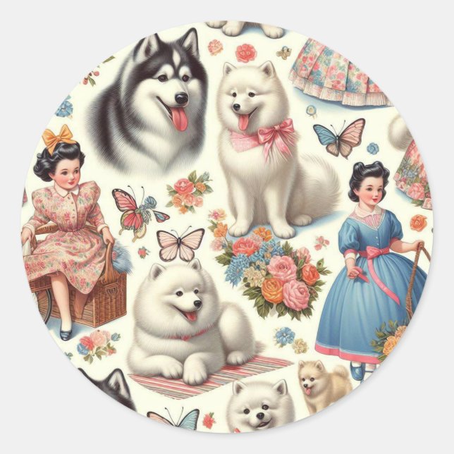 Retro Cute American Eskimo Seamless Classic Round Sticker (Front)