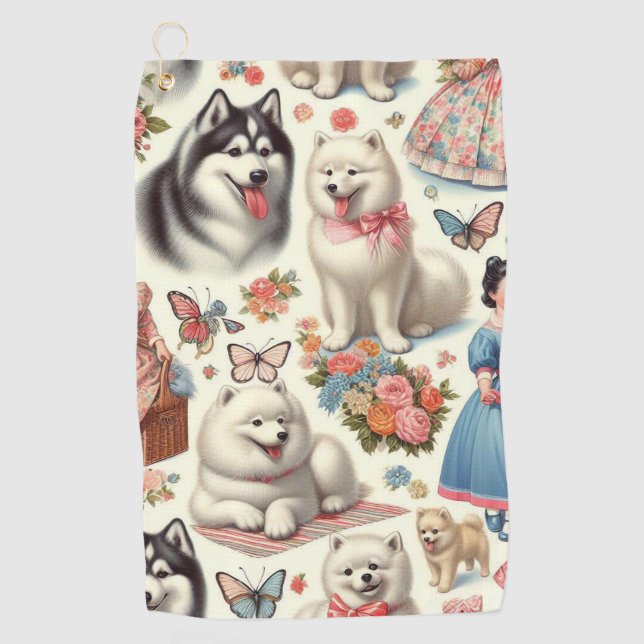 Retro Cute American Eskimo Seamless Golf Towel (Front)