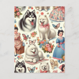 Retro Cute American Eskimo Seamless Postcard