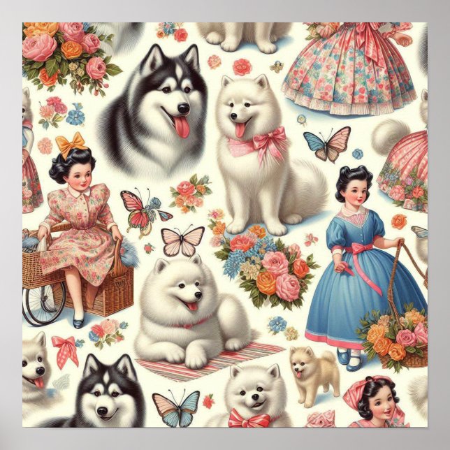 Retro Cute American Eskimo Seamless Poster (Front)