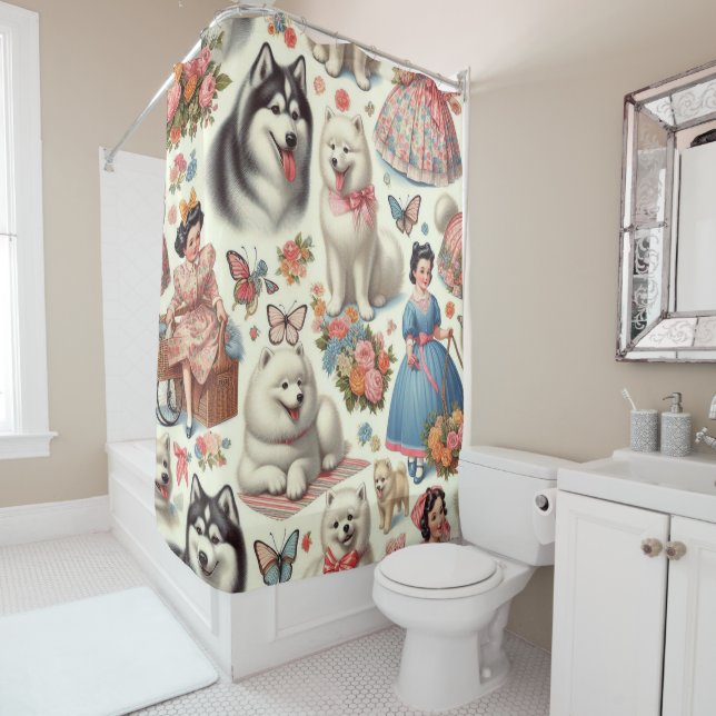 Retro Cute American Eskimo Seamless Shower Curtain (In Situ)