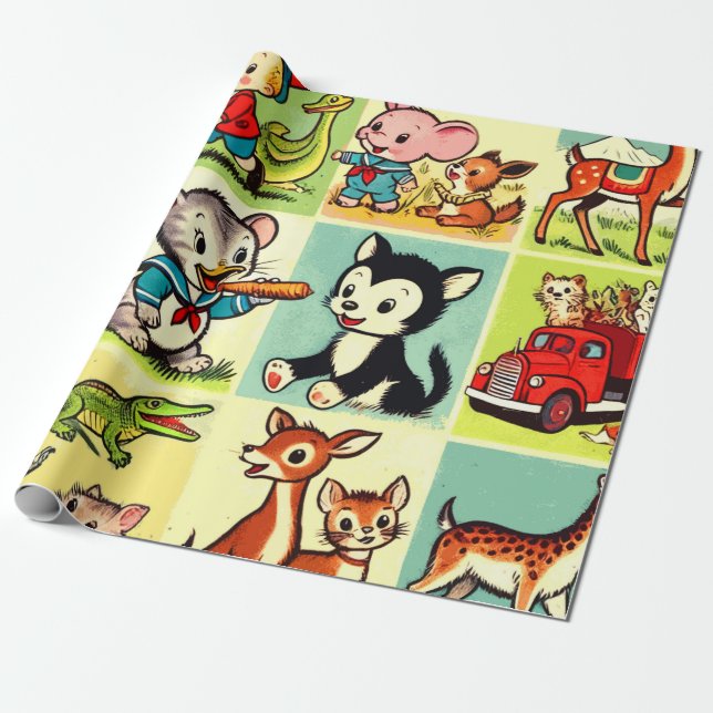 Retro Cute Animals Comics Wrapping Paper (Unrolled)