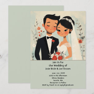 Retro cute Asian love wedding invitation