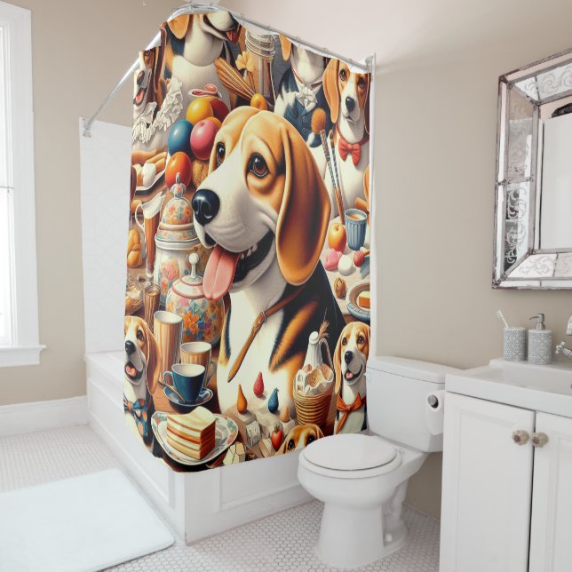 Retro Cute Beagle Illustration Shower Curtain (In Situ)