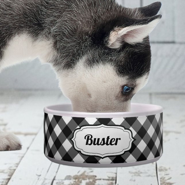 Retro Cute Black & White Gingham Check pet bowl  (personalized black and white gingham check bowl for good)