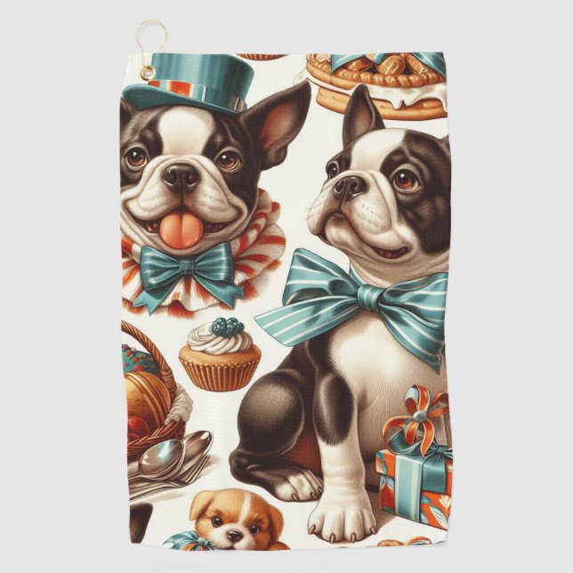 Retro Cute Boston Terrier Illustration Golf Towel (Front)