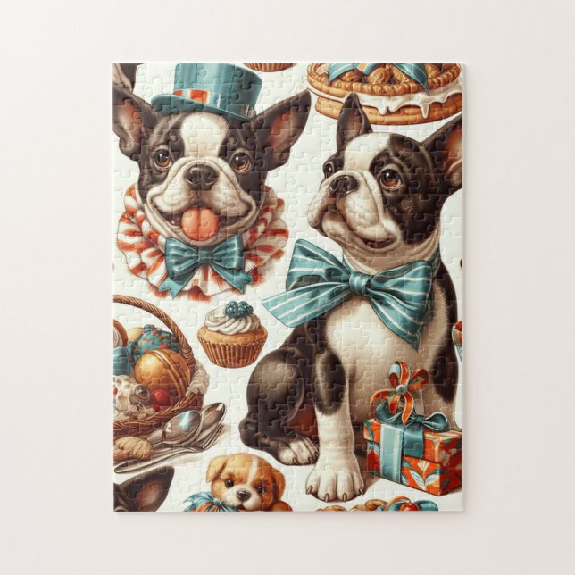 Retro Cute Boston Terrier Illustration Jigsaw Puzzle (Vertical)