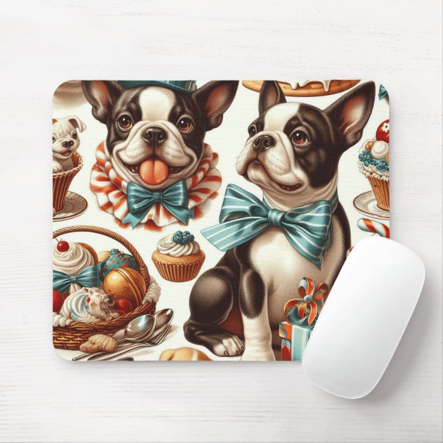 Retro Cute Boston Terrier Illustration Mouse Mat (With Mouse)