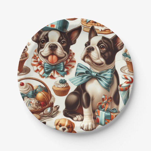 Retro Cute Boston Terrier Illustration Paper Plate (Front)