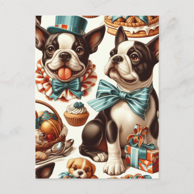 Retro Cute Boston Terrier Illustration Postcard (Front)