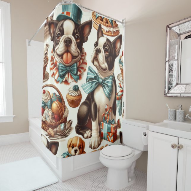 Retro Cute Boston Terrier Illustration Shower Curtain (In Situ)