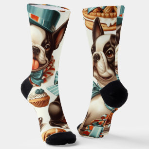 Retro Cute Boston Terrier Illustration Socks
