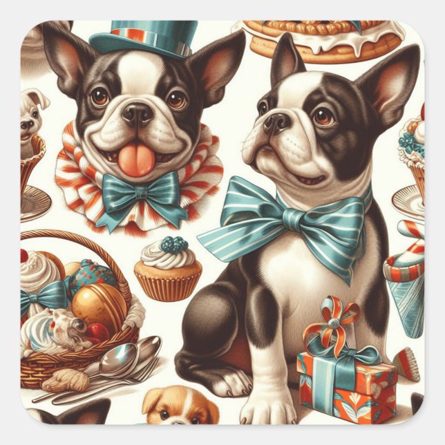 Retro Cute Boston Terrier Illustration Square Sticker (Front)