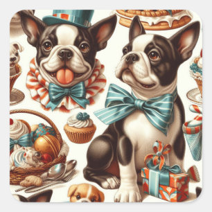 Retro Cute Boston Terrier Illustration Square Sticker