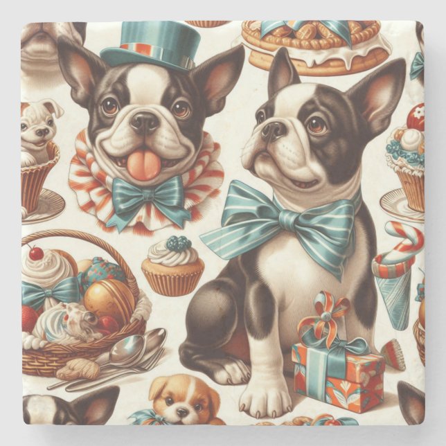 Retro Cute Boston Terrier Illustration Stone Coaster (Front)