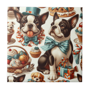 Retro Cute Boston Terrier Illustration Tile