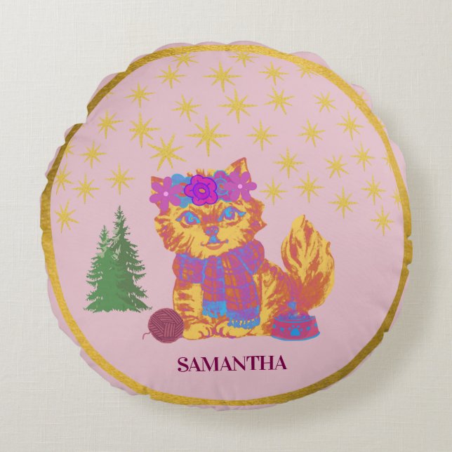Retro Cute Cat Christmas  Round Cushion (Front)