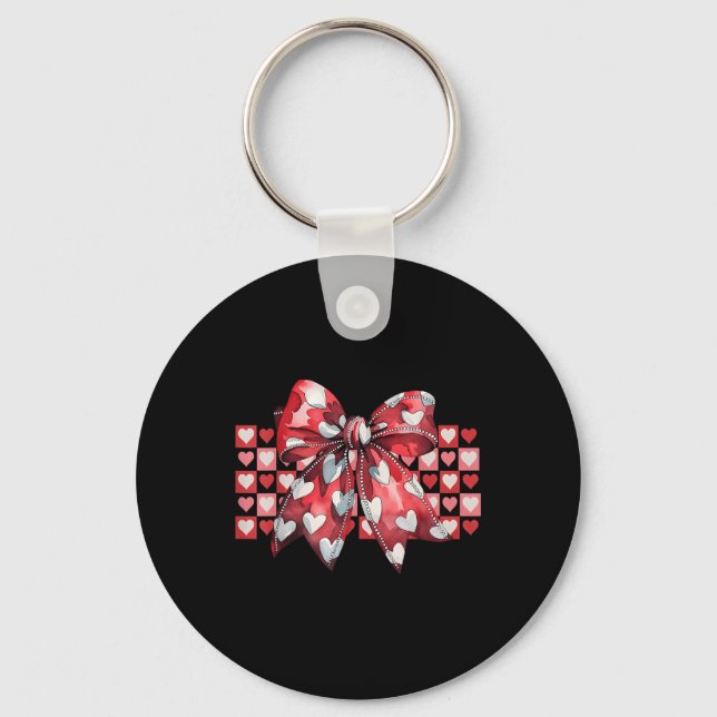 Retro Cute Chequered Heart Coquette Red Bow Valent Key Ring (Front)