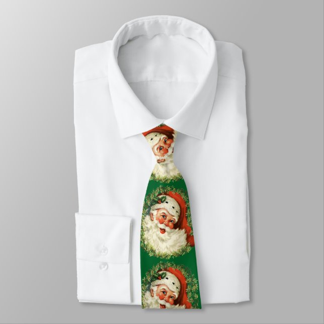 Retro Cute Chubby Santa Wreath Holiday Apparel Tie (Tied)