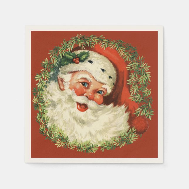 Retro Cute Chubby Santa Wreath Holiday Christmas Napkin (Front)