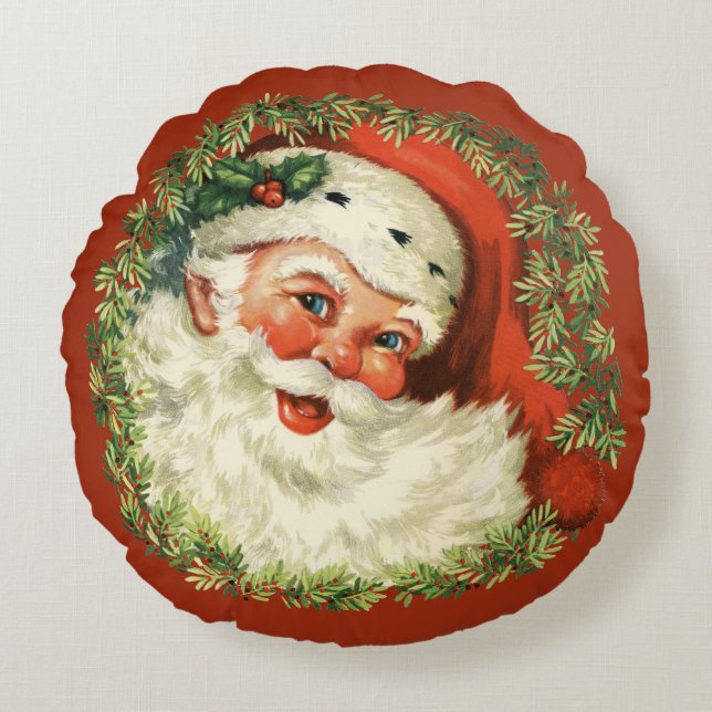 Retro Cute Chubby Santa Wreath Holiday Christmas Round Cushion (Front)